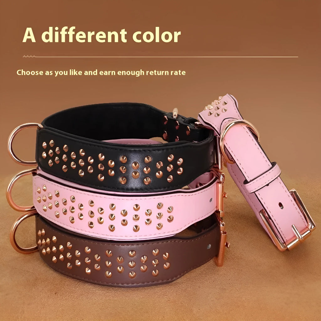 Leather dog collar with metal rivets in black, shown on a size chart with chocolate and pink colour options.