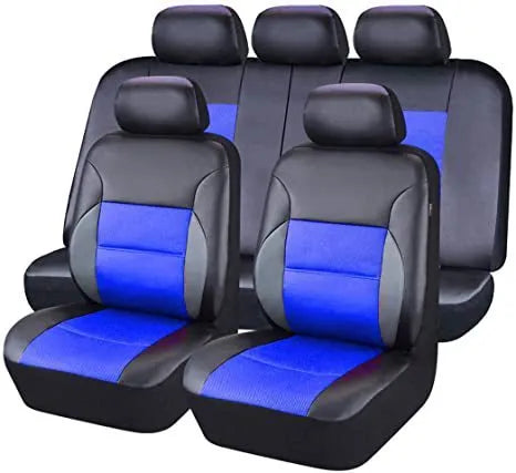 Black artificial leather car seat covers installed on front and rear seats with headrest covers.