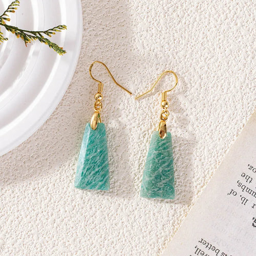 Amazonite rough stone trapezoid earrings with geometric design in gold or silver colour