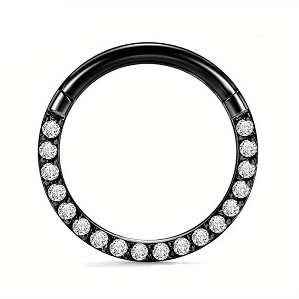 Seamless stainless steel nose ring with a central diamond decoration, shown in gold and rose gold finishes.