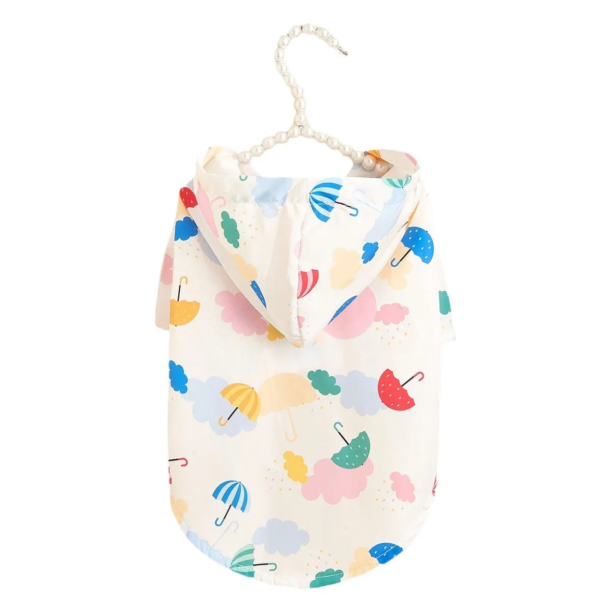 Colourful cartoon umbrella pattern polyester raincoat for a small dog, shown in size L.