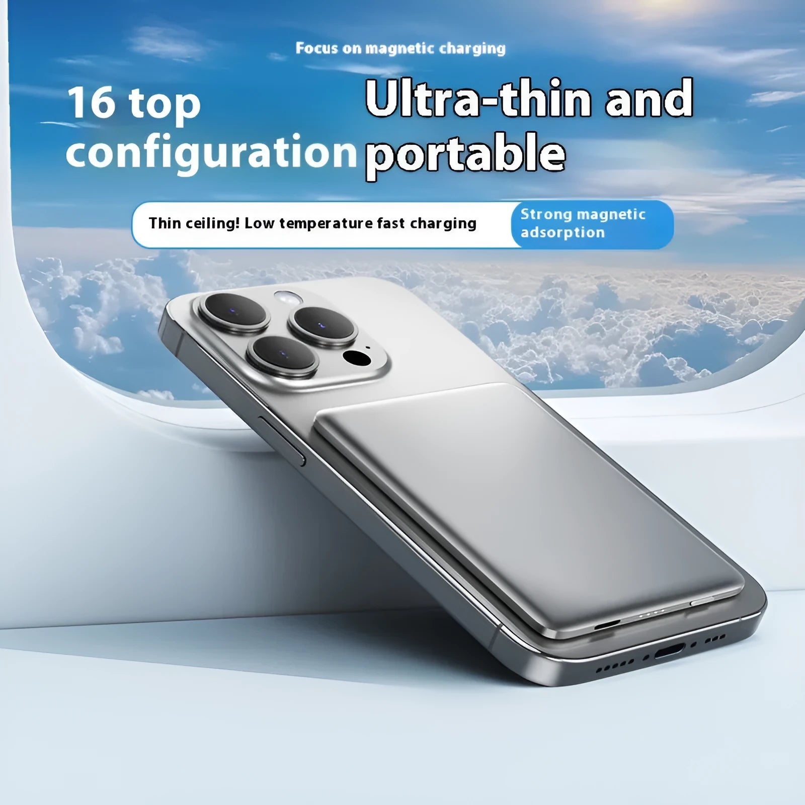 Gun gray magnetic wireless power bank with ultra-thin alloy design showing compact dimensions