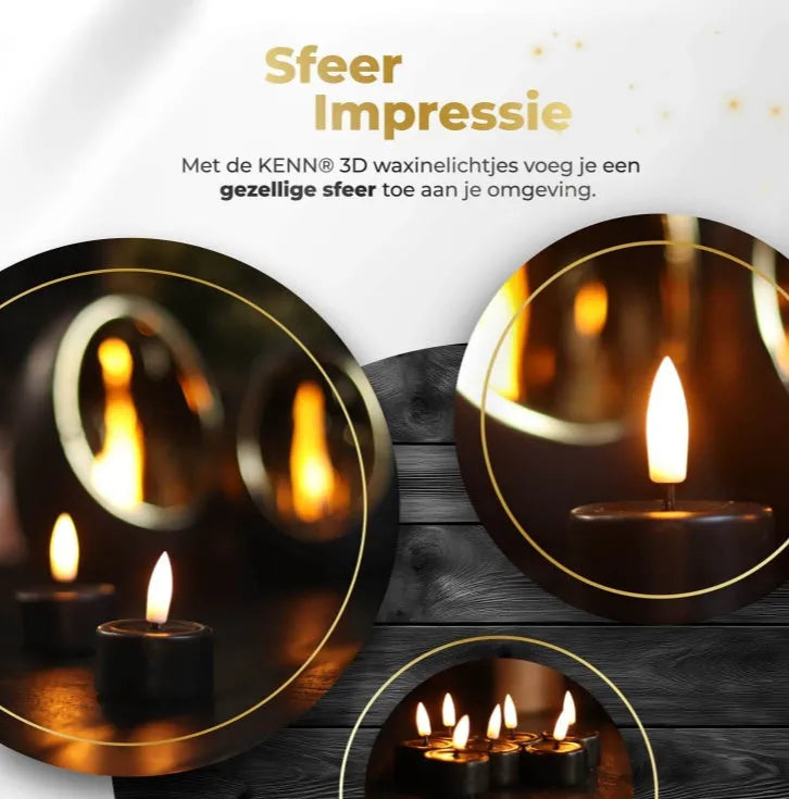Set of four black LED tealight candles showing flame-effect light.