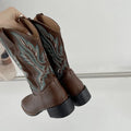 Brown women's mid-calf embroidered Martin boots with leather lining and rubber sole