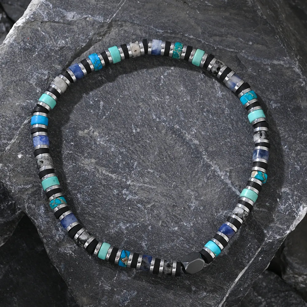 Hand-woven cylindrical semi-precious stone bracelet with geometric bead design