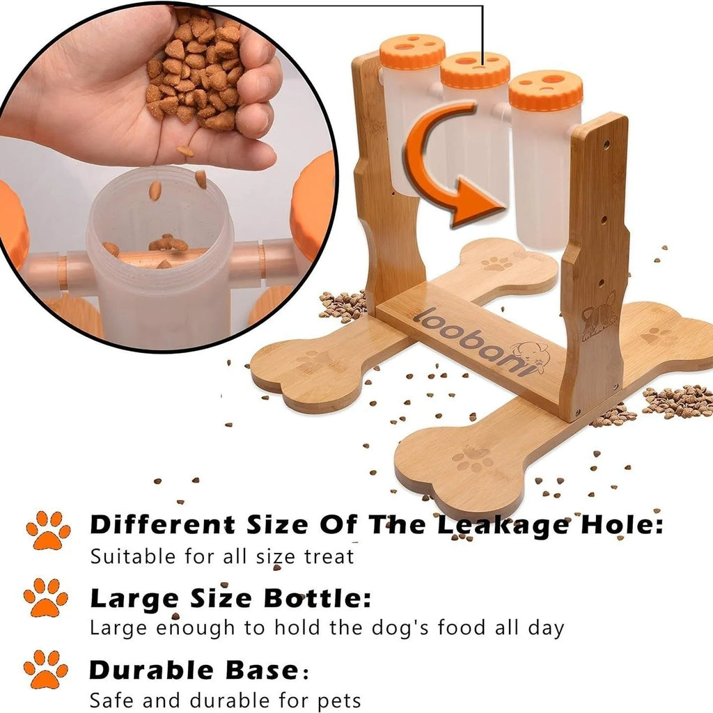 Wooden dog puzzle toy feeder with treat compartments measuring 31x30x20cm
