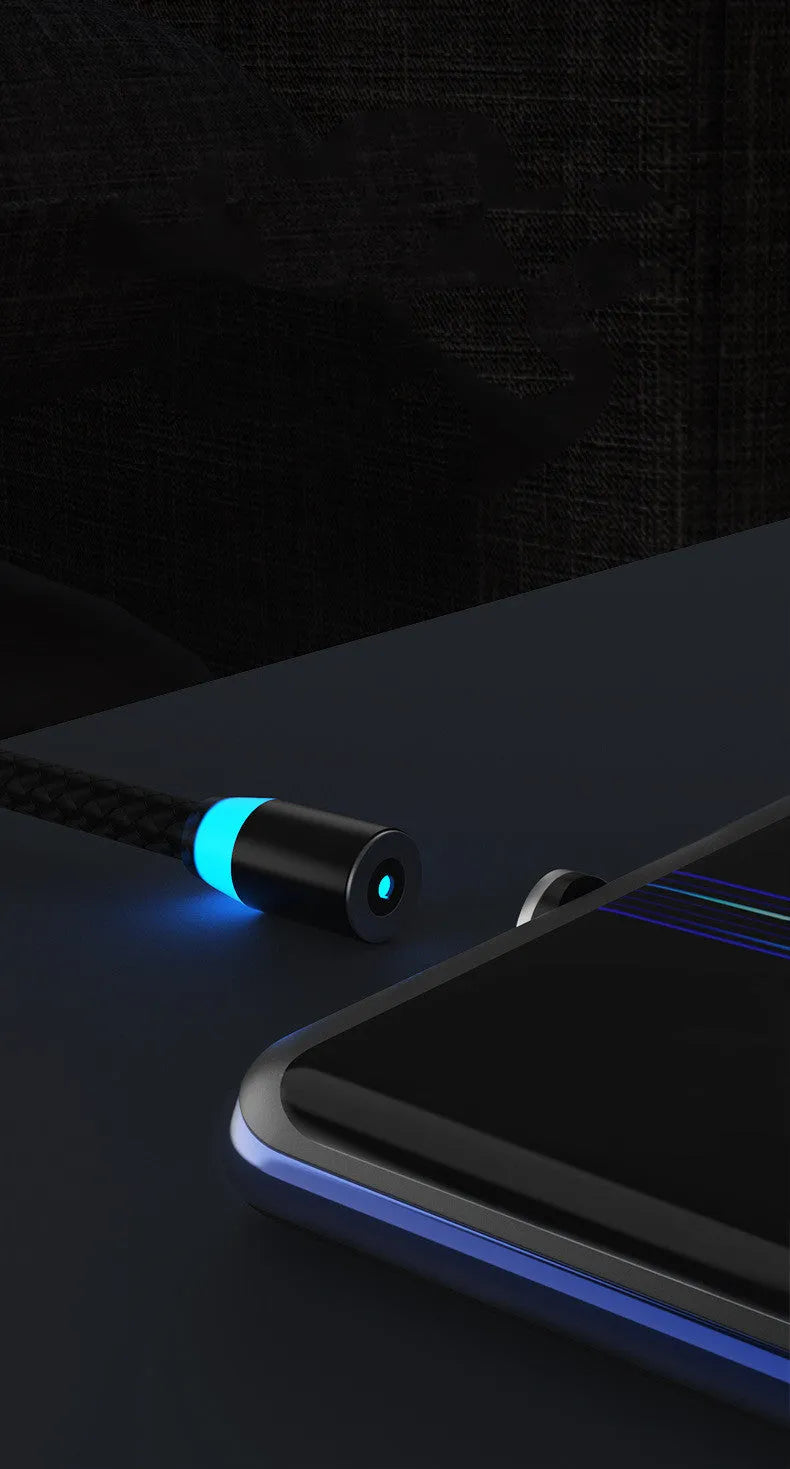 Multi-colour magnetic USB charging cables with glowing LED light, showing Lightning, TYPE-C, and Micro USB magnetic connectors.
