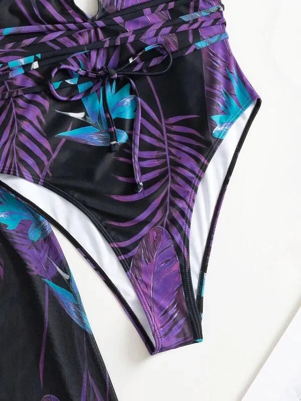 Women's three-piece patterned swimsuit set with cover-up coat for swimming sports