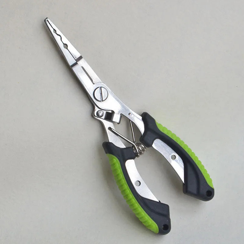 Medium fishing pliers with hook in straight mouth design showing steel construction and coloured handles