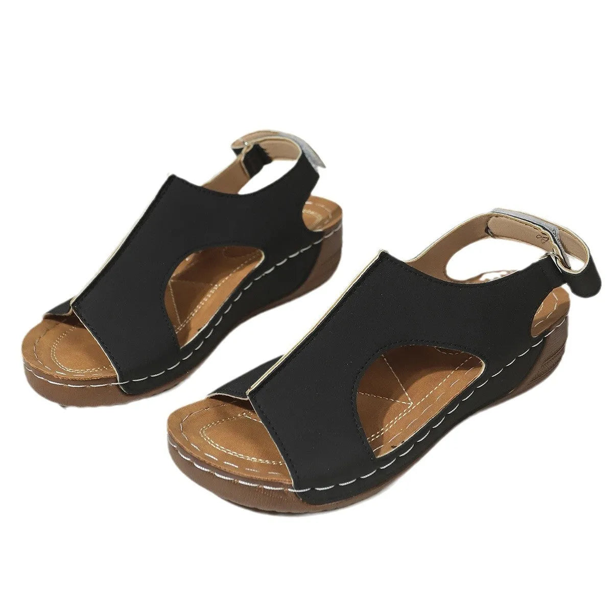 Women's plus size wedge sandal with PU upper and Velcro strap in light brown, side view