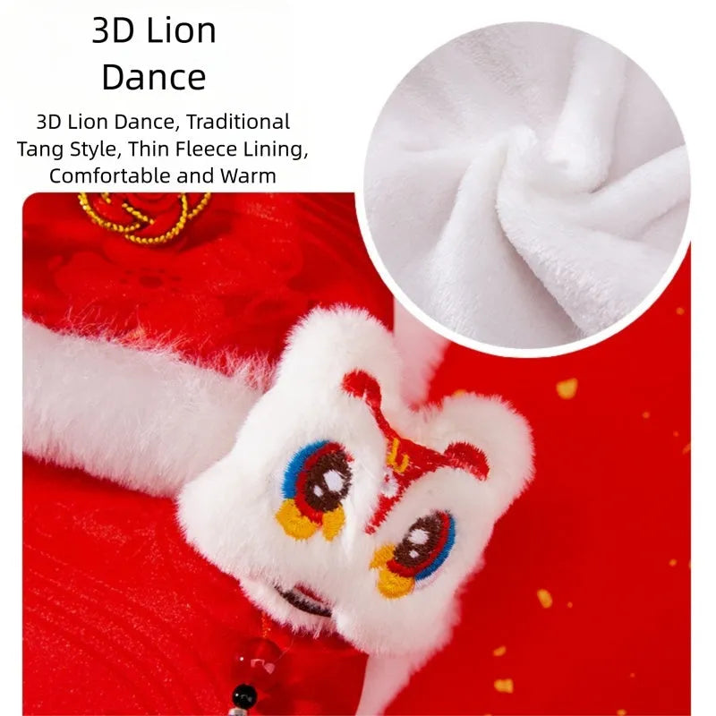Red lion dance pet dog vest with 3D lion head ornament and golden buttons on white background
