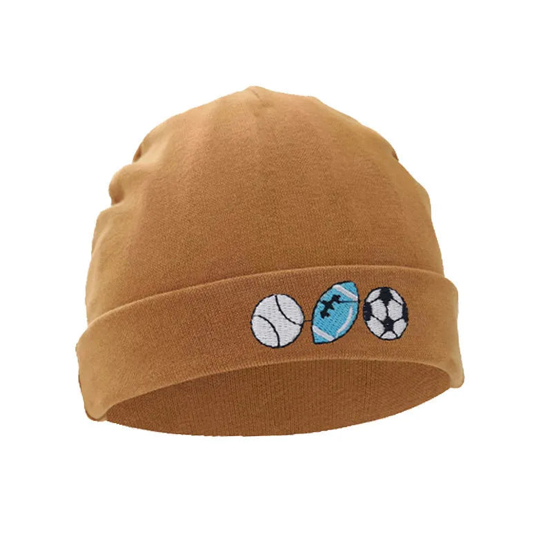 Set of white, light blue, and grey cotton baby pullover caps, gloves, and foot covers for infants.