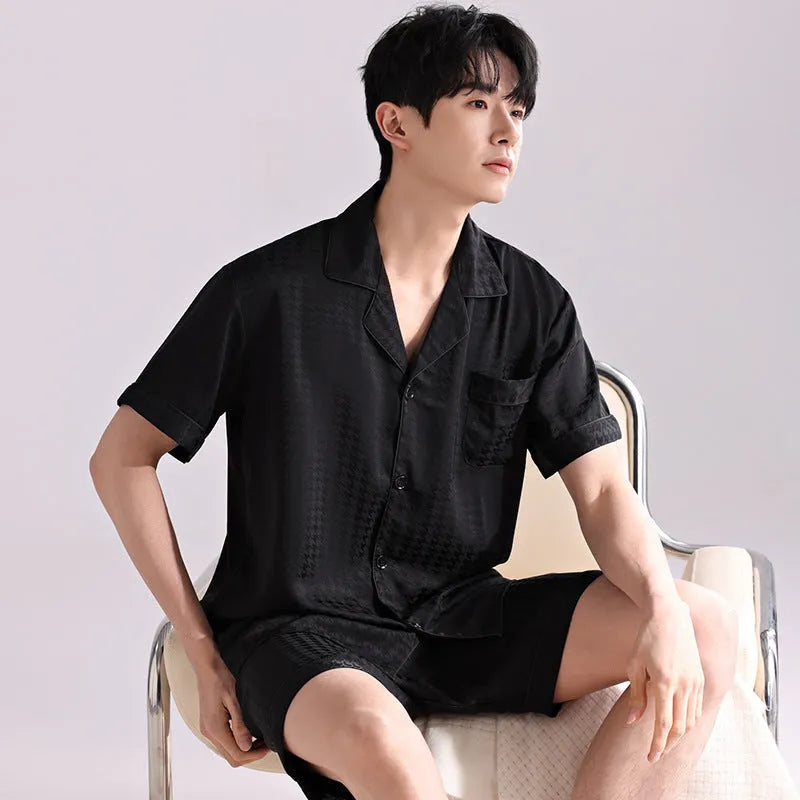 Men's ice silk cardigan pyjama set with shorts in a satin jacquard plaid pattern.