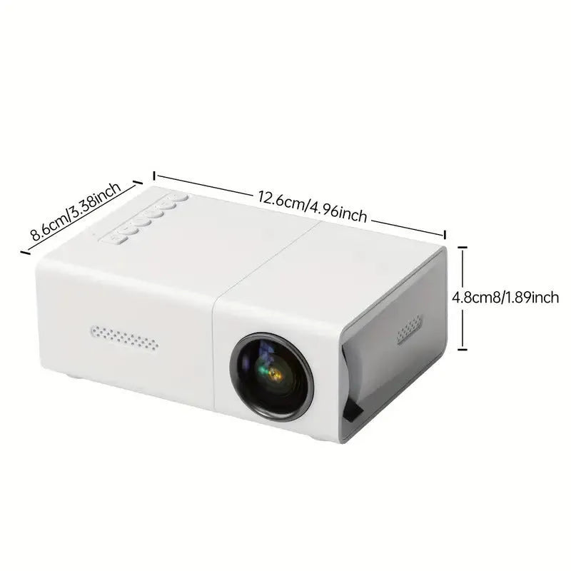Compact white M100 mini LED home projector with remote control on a table.