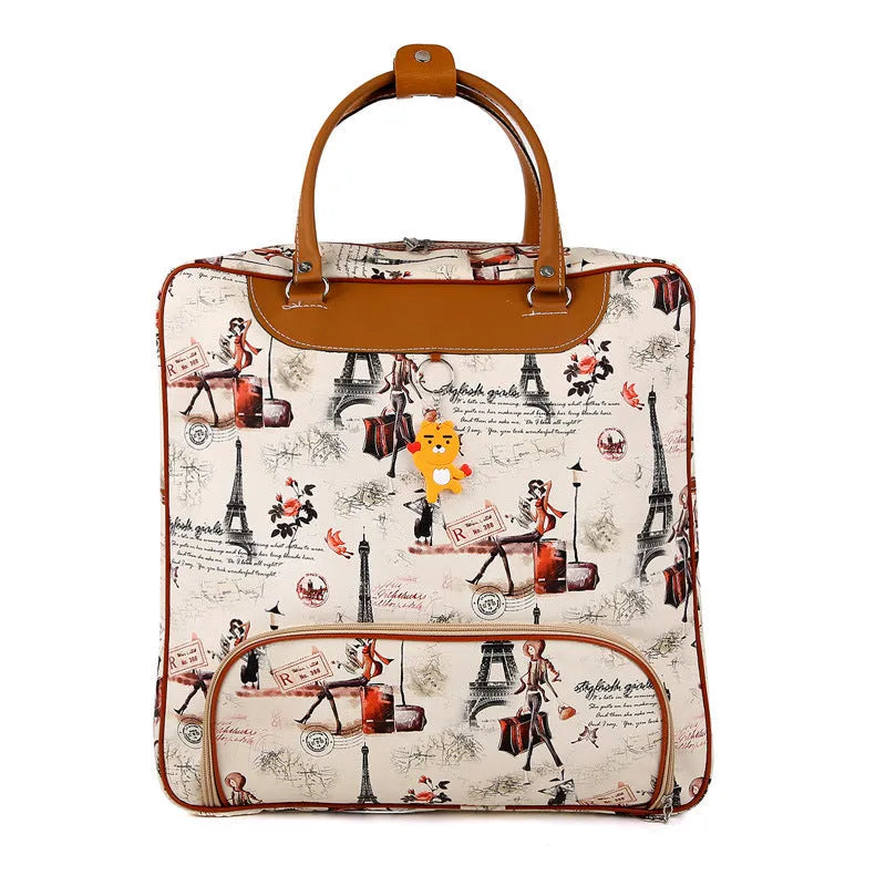 Medium square purple and pink cartoon style PU leather travel bag with a soft handle and outer pockets.