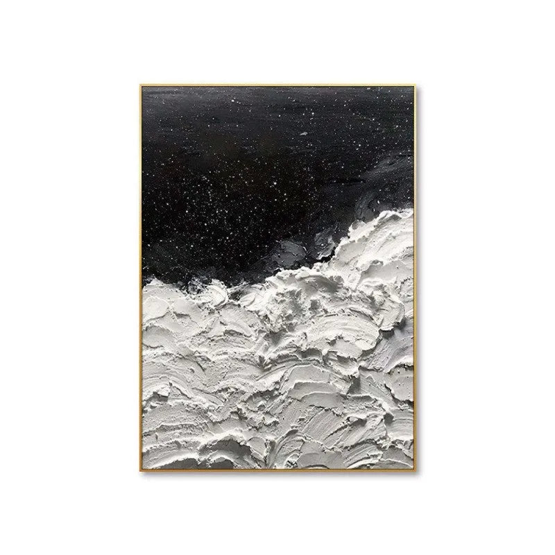 Hand-painted abstract oil painting on canvas with black and white ocean and stars design, modern seascape wall art, rolled frameless, 60x90cm size