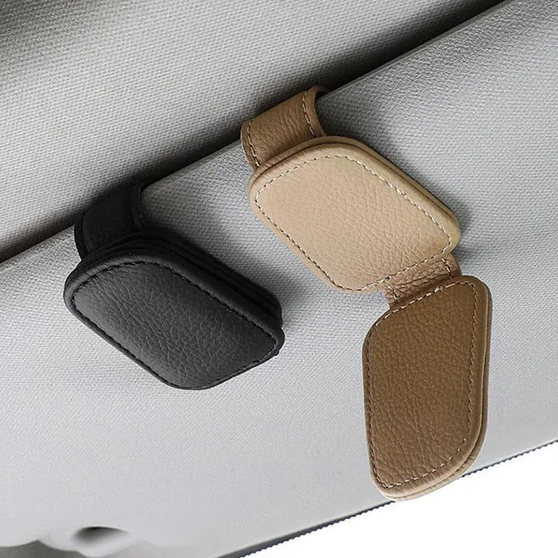 Car sunglasses holder with clip for sun visor mounting in PU leather