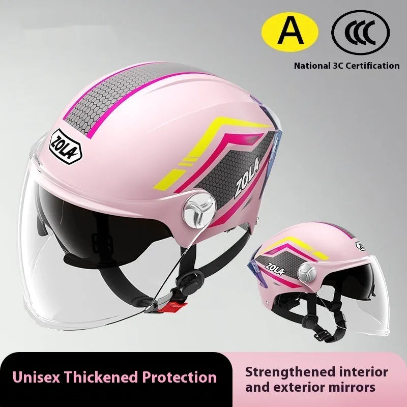 3C certified universal half helmet for motorcycles with a flip-down dual-mirror visor on an ABS shell.