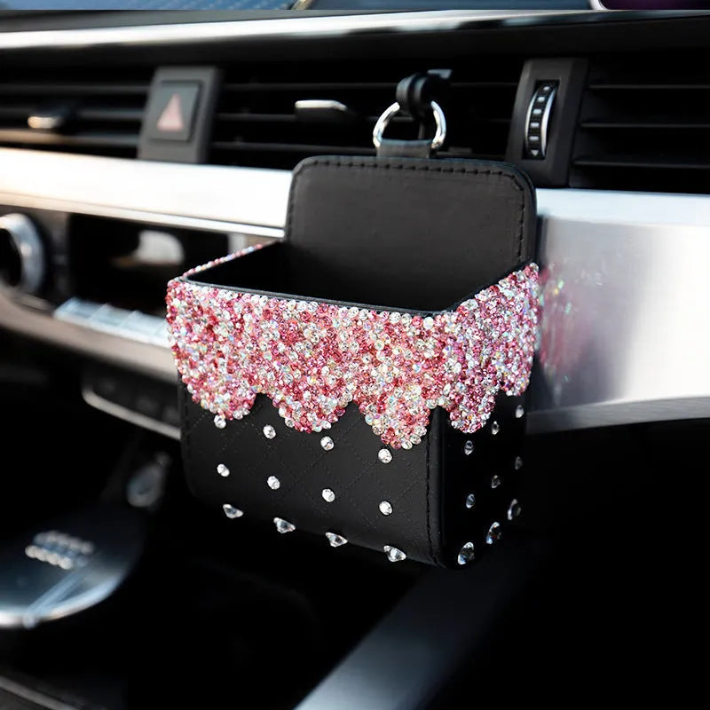 110x110mm diamond-studded car decoration ornament in preferred leather with Czech rhinestones, White colour