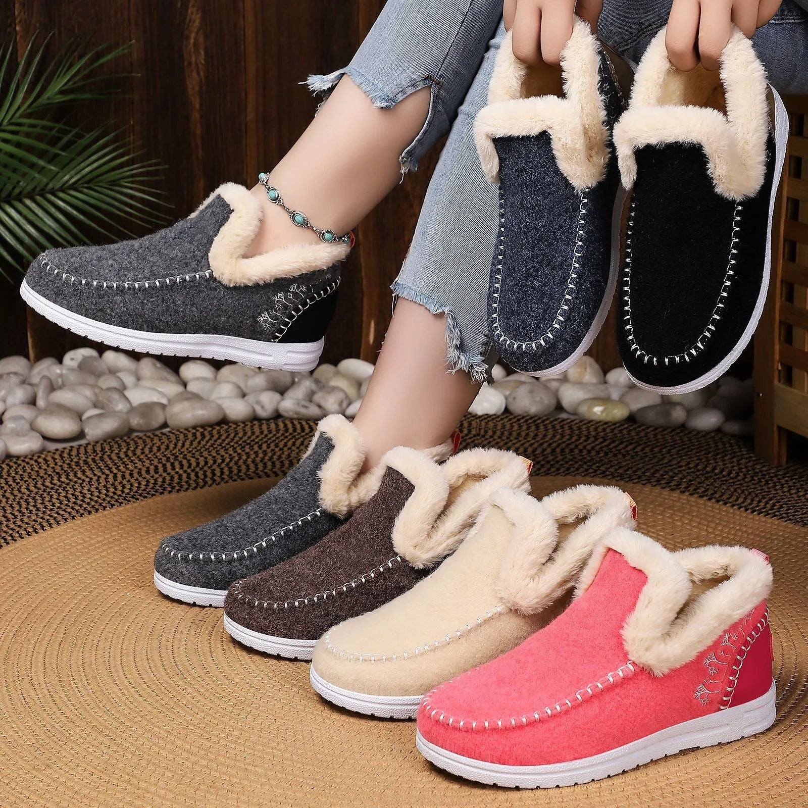Cold-proof women's cotton boots, flat heel, round toe, available in black, blue, brown, grey, apricot, and rose red.