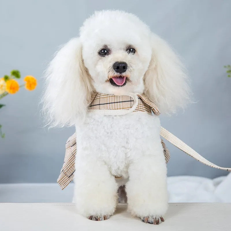 Dog chest harness vest with rope lead in milky white or purple skirt style