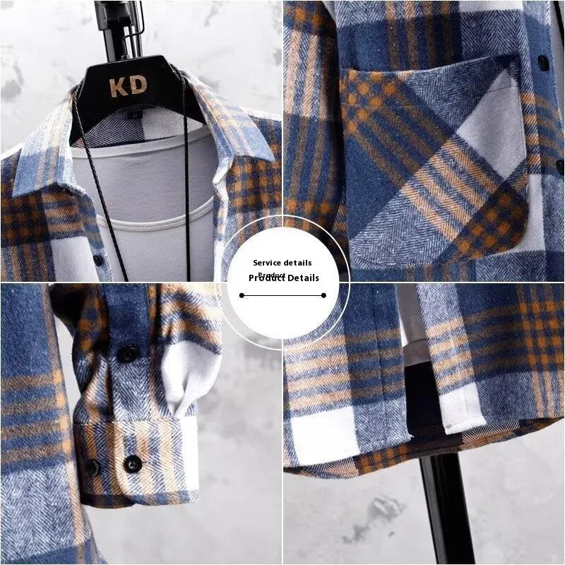 Men's plaid lapel shirt coat in red with long sleeves and cardigan style