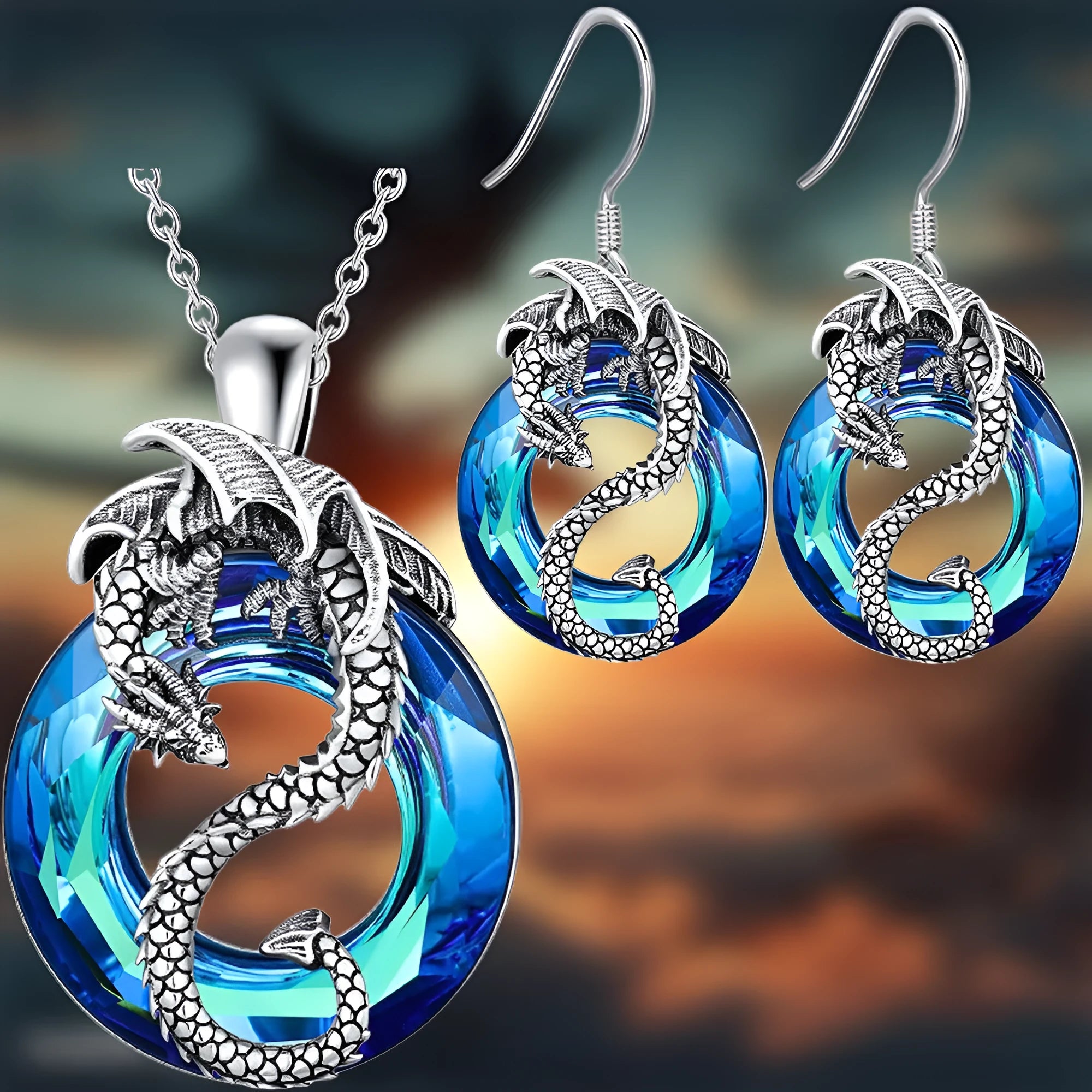 Hollow crystal ring flying dragon alloy necklace and earrings set with O-ring chain