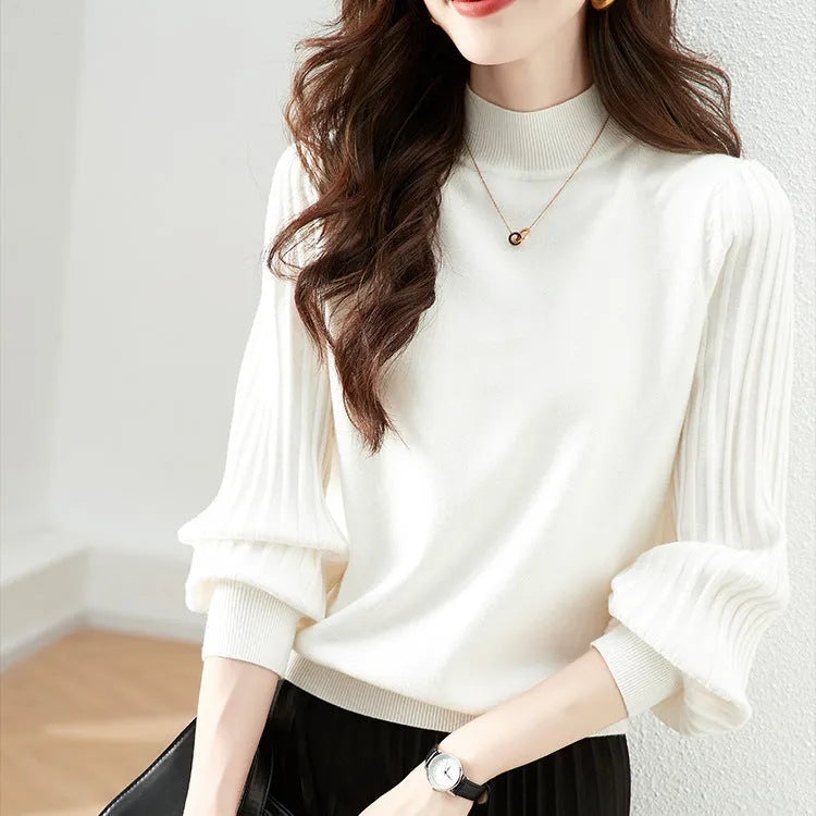 Slim fit half turtleneck bottoming shirt in a sunken stripe pattern, shown in apricot colour.