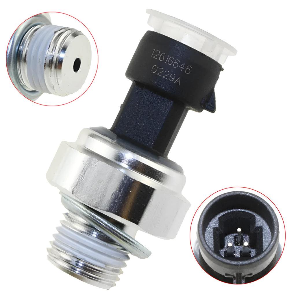 OEM oil pressure sensor for Buick and Chevrolet vehicles, part numbers 12573107 and 12677836 visible.