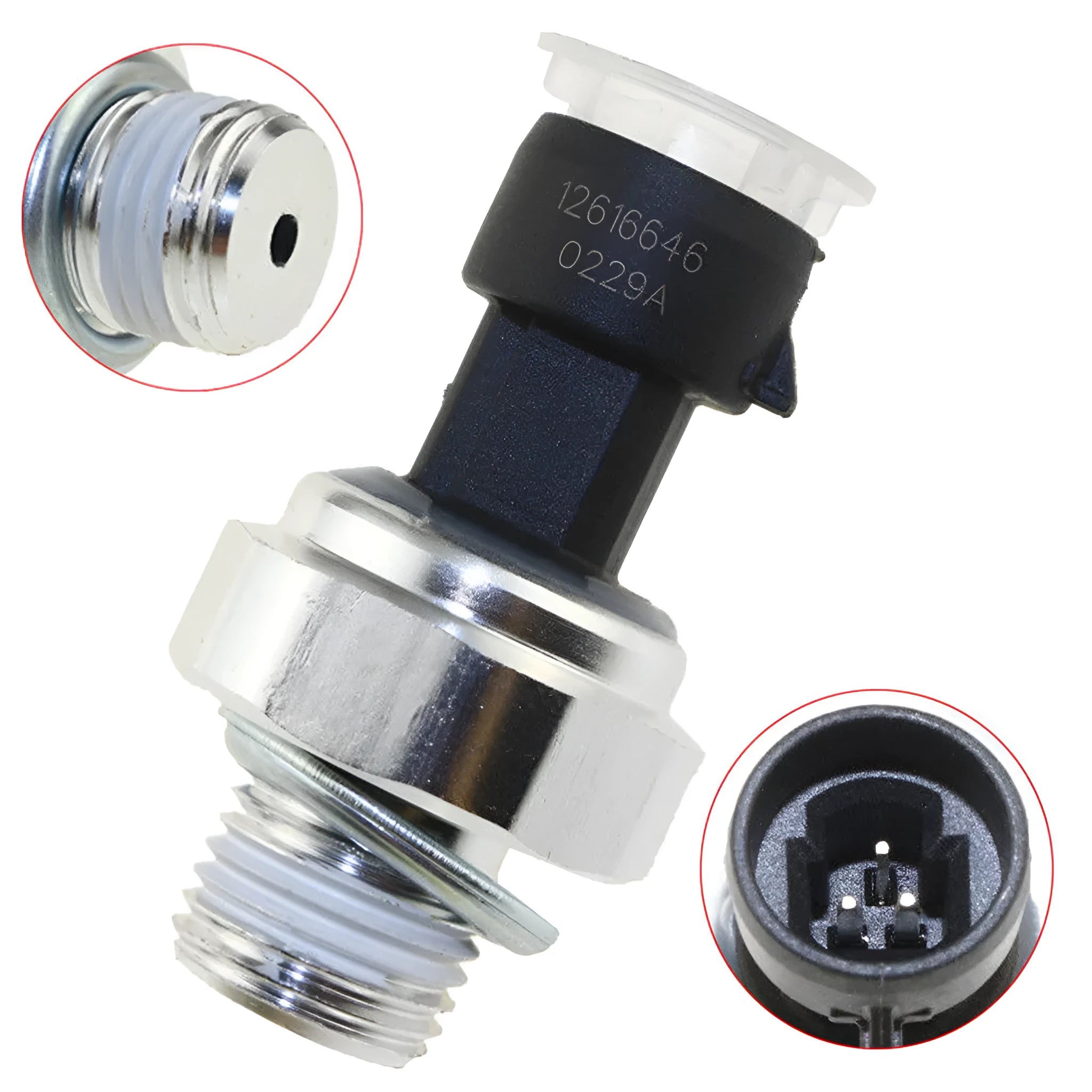 OEM oil pressure sensor for Buick and Chevrolet vehicles, part numbers 12573107 and 12677836 visible.
