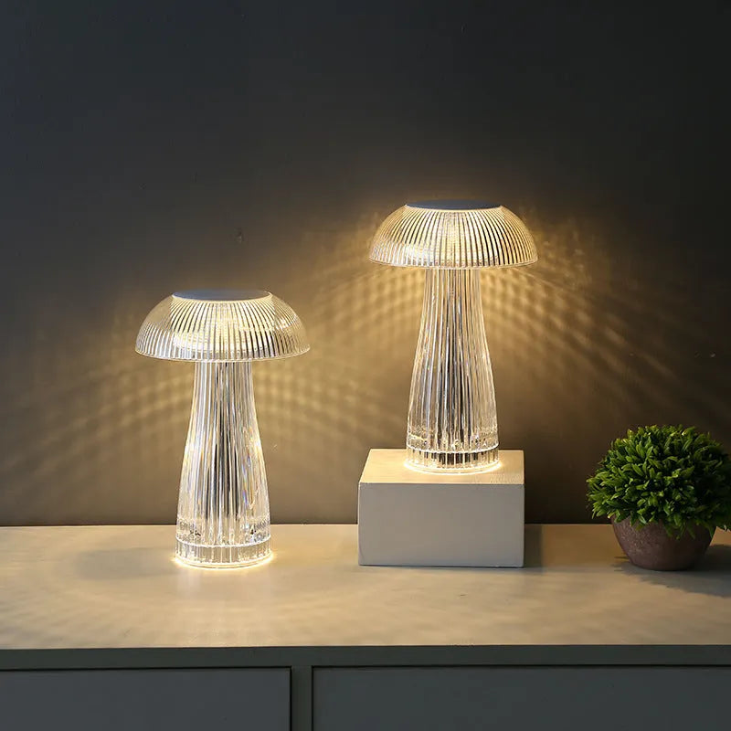 Creative crystal acrylic jellyfish table lamp with touch control and colour options on a desk