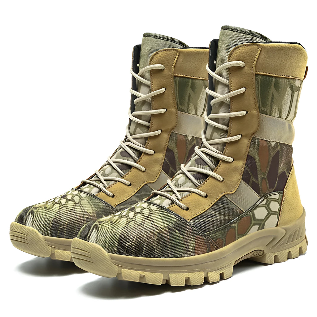 Plus size men's high-top mesh Martin combat boots in black or camouflage with totem pattern