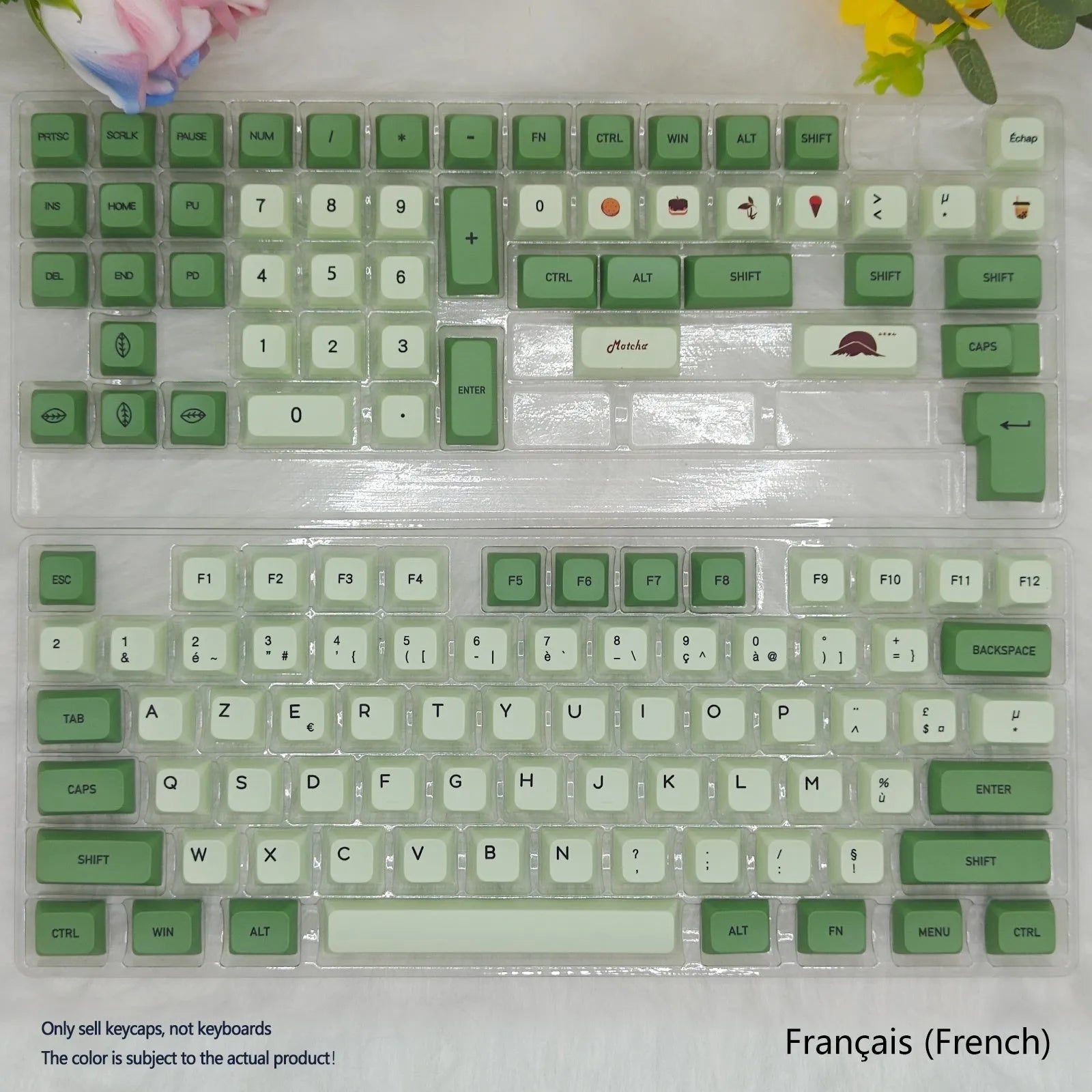 124-key matcha green PBT keycap set showing multiple international language layouts including Arabic and Korean.