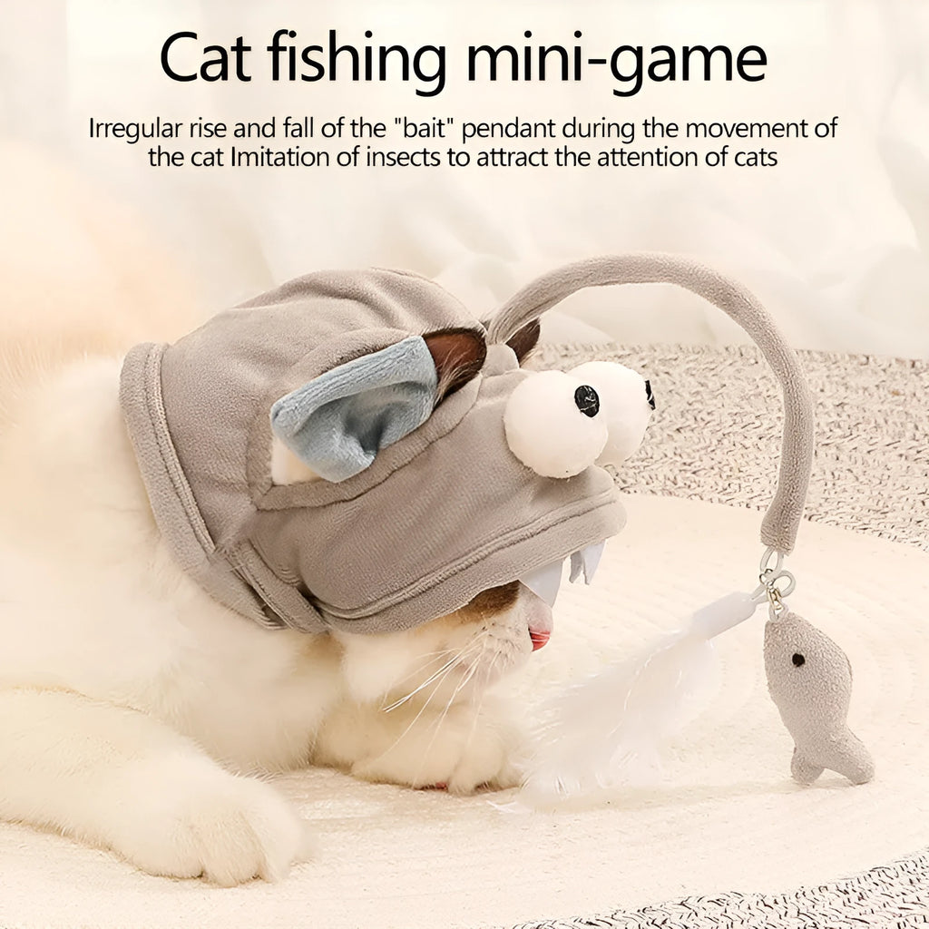 Grey dinosaur-themed head-mounted cat toy with feathers and big eye fish design on adjustable band