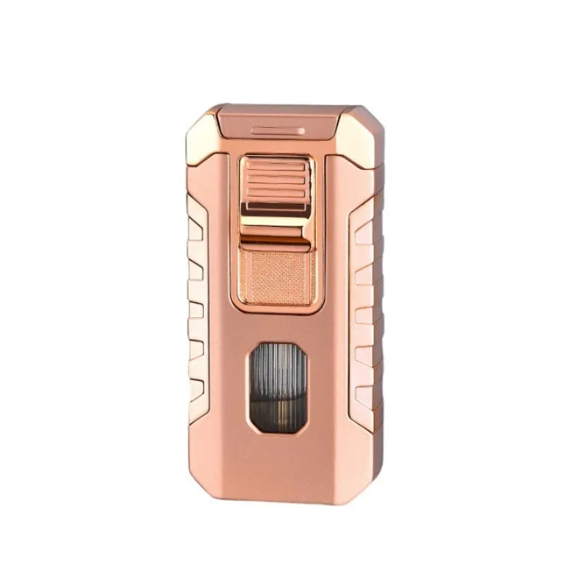 Metal three-fire straight blue flame cigar lighter in black with wind-resistant design