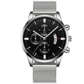 Men's stainless steel mesh band quartz watch showing analogue display and colour options.