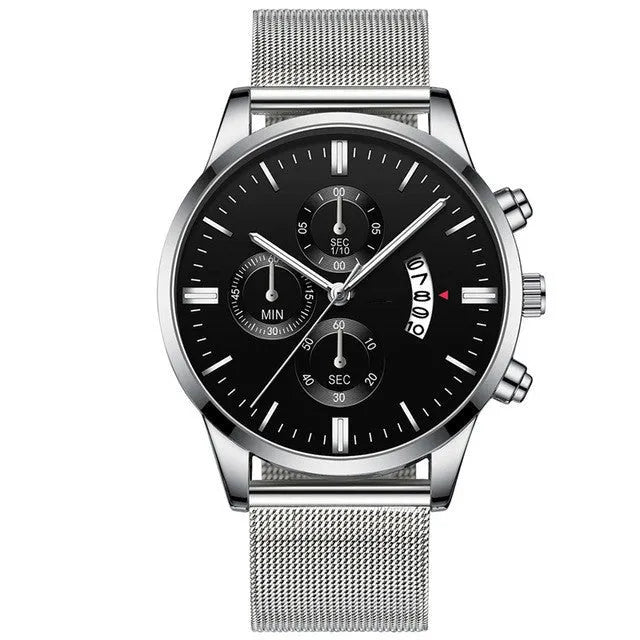 Men's stainless steel mesh band quartz watch showing analogue display and colour options.