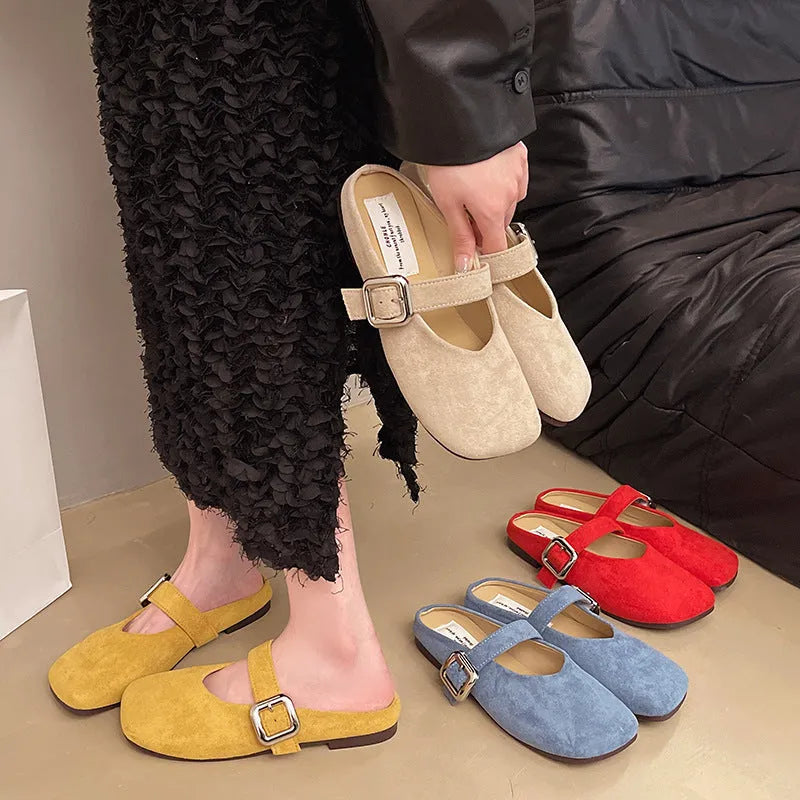 Women's flat closed toe square head slippers in four colour options with rubber sole