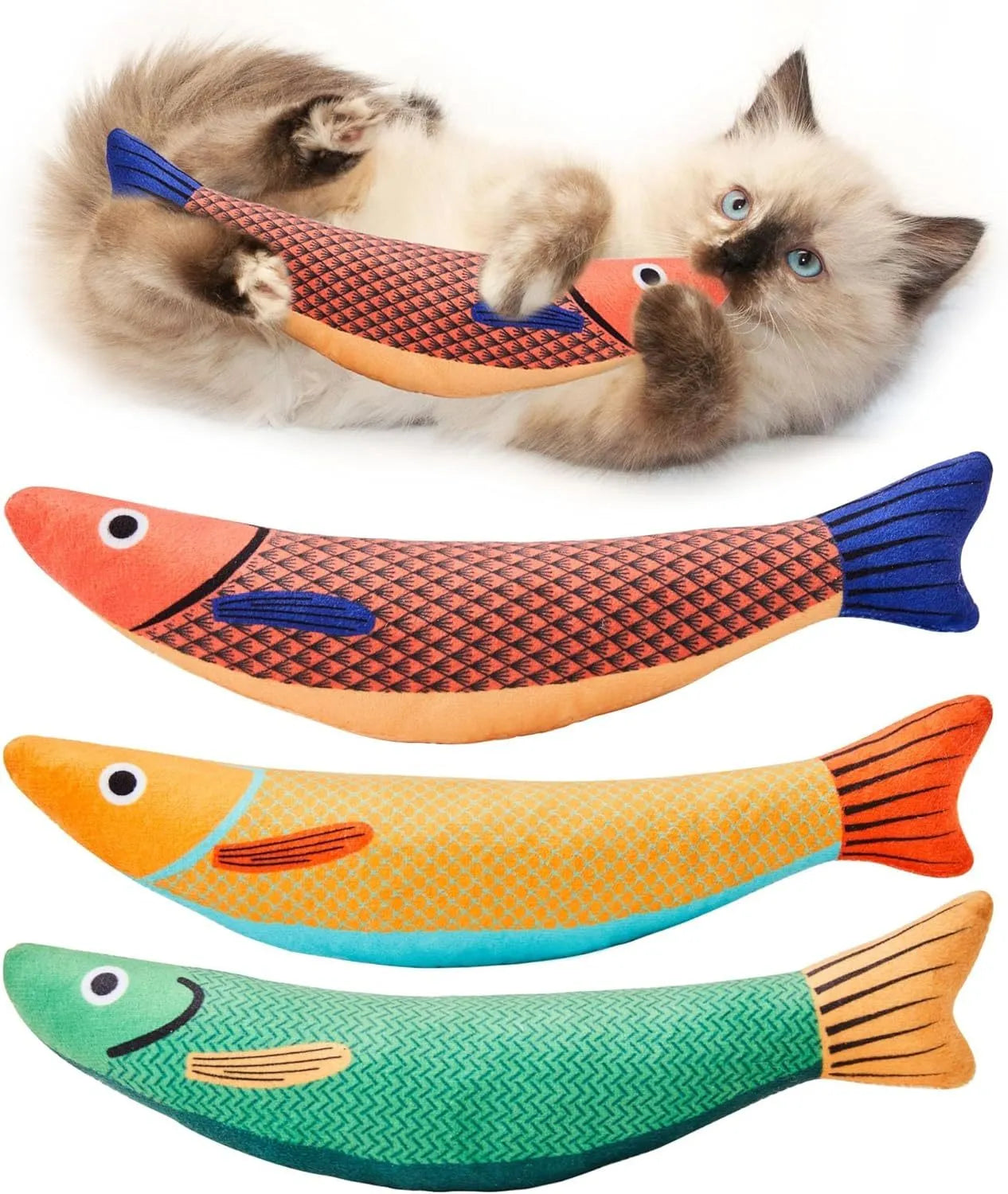 Soft plush saury fish cat toy with catnip filling and crinkle sounds in green colour