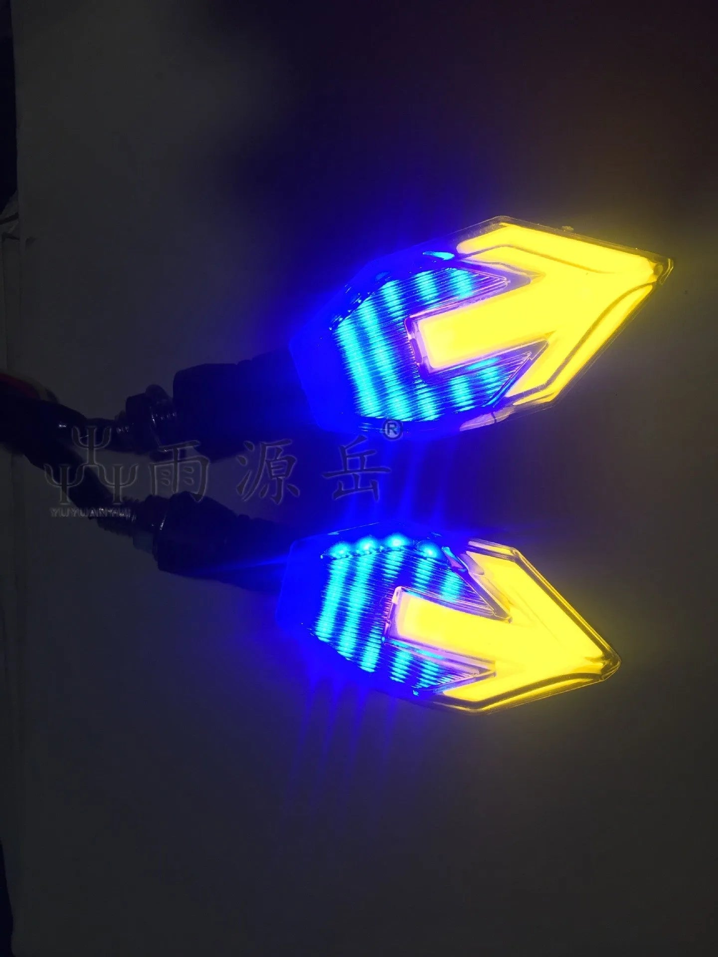 Arrow-shaped LED motorcycle turn signal light with 12V label and ABS plastic housing.