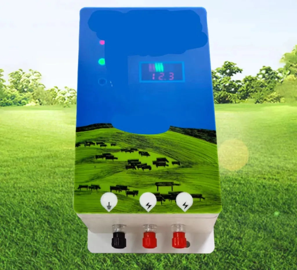 Pasture electric fence energiser host unit with solar panel and remote alarm components for livestock control.