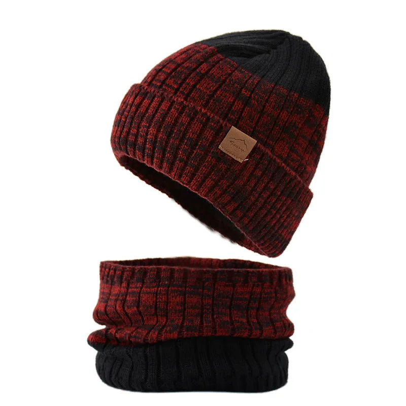 Fleece-lined thickened warm hat with neck warmer in black, dome crown style