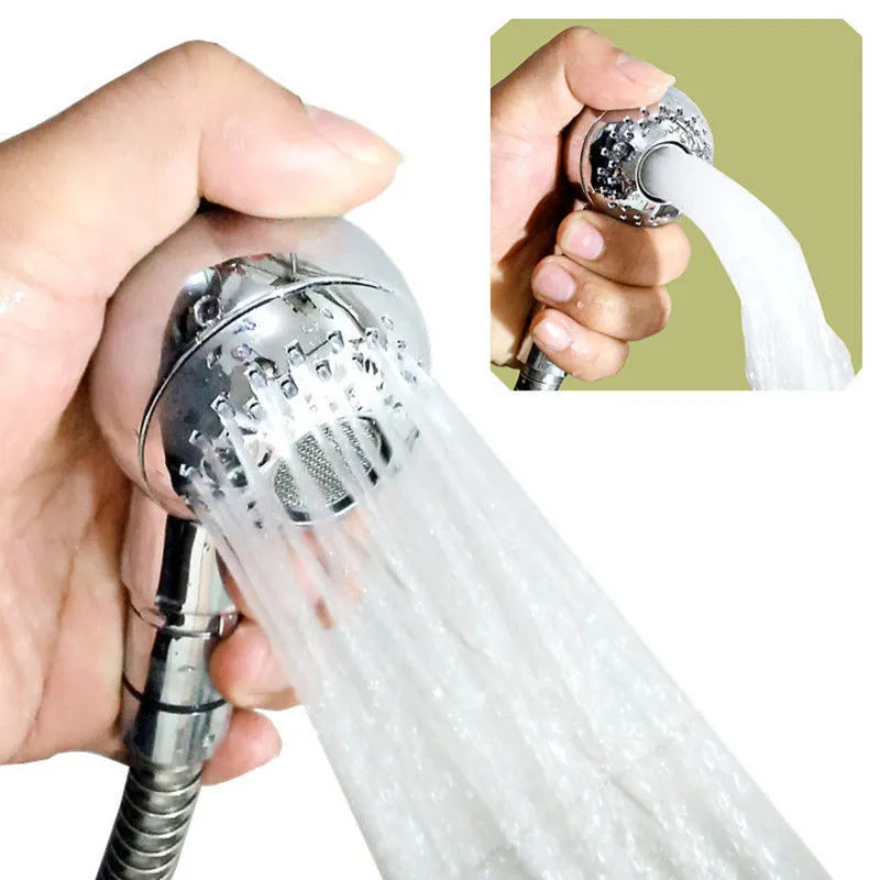 Silver handheld pet shower head with gentle non-pressurised spray for washing dogs and babies.
