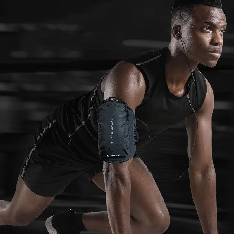Black reflective running arm bag with adjustable strap, shown holding a large smartphone.