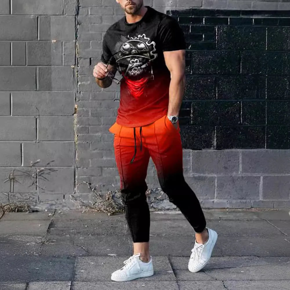 Men's short-sleeved printed pullover and matching trousers set on a hanger