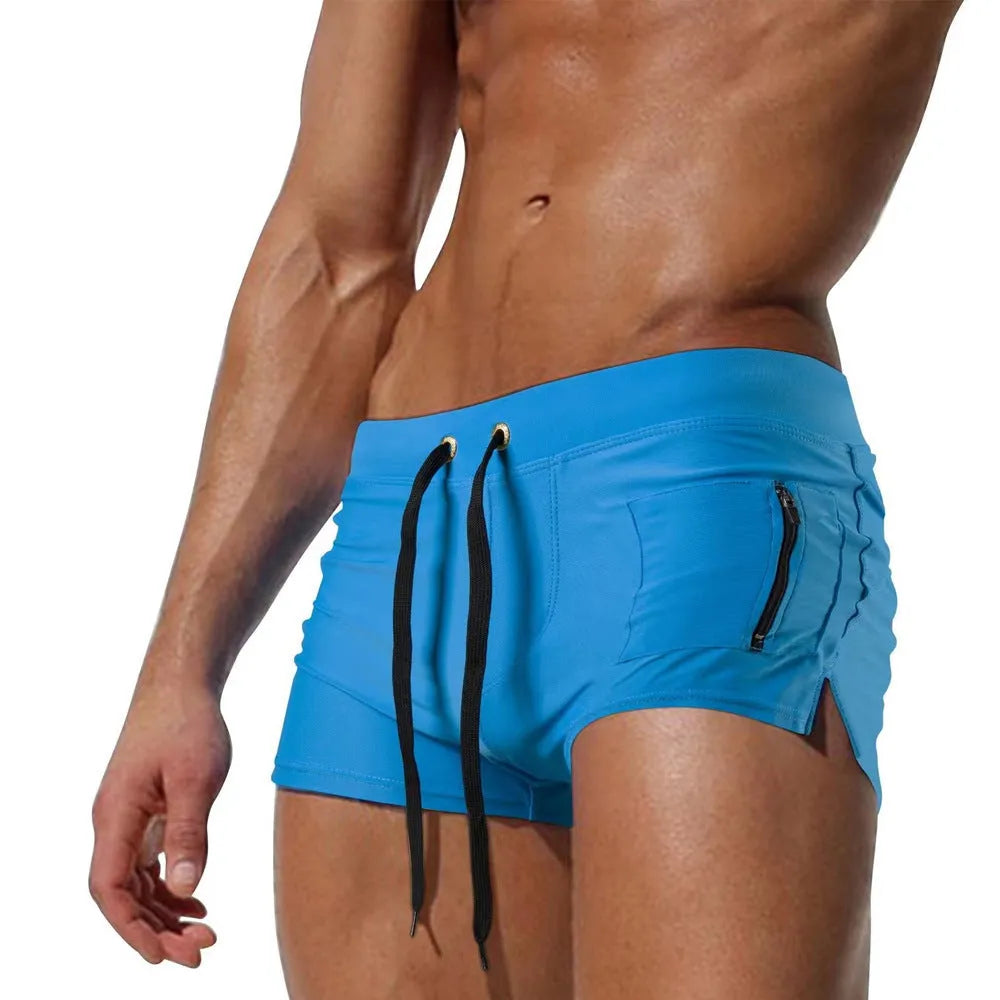 Men's black high waist lace-up swimming trunks with briefs style for fitness and swimming