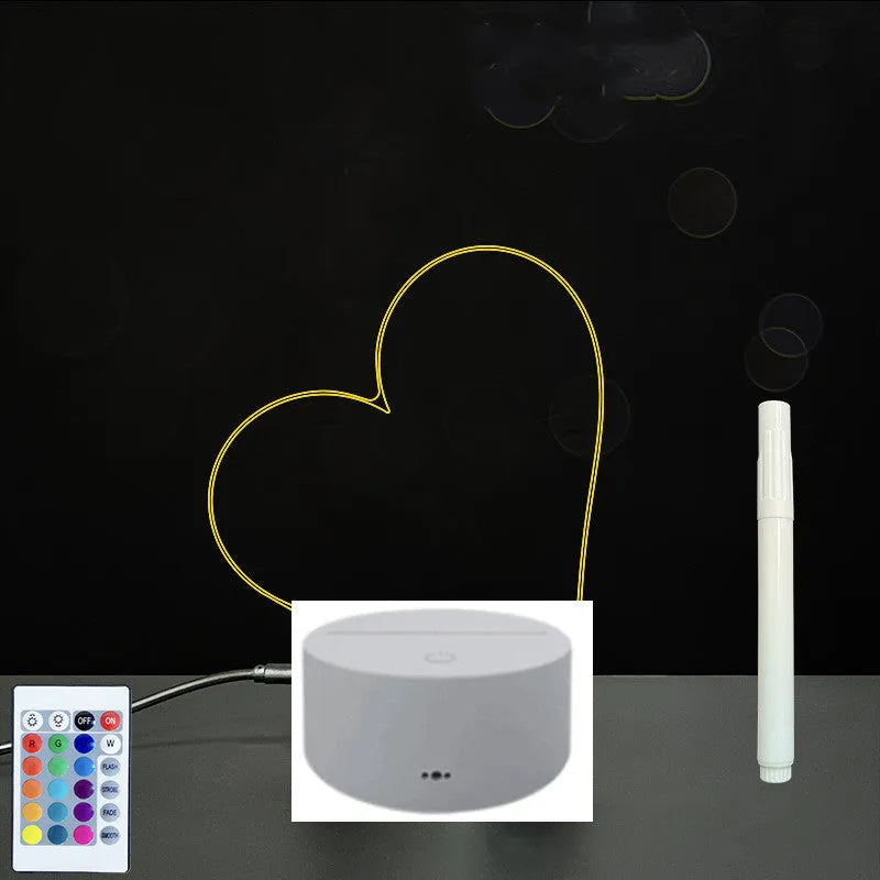 3D acrylic LED message board with touch control, black ABS base, USB cable, and stylus pen on desk