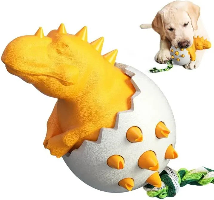 Blue dinosaur-shaped dog chew toy with textured nubs and an attached rope for aggressive chewers.