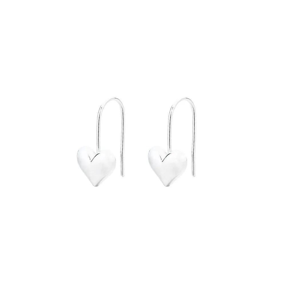 Silver glossy 3D heart-shaped earrings with Korean style hooks on a white background.