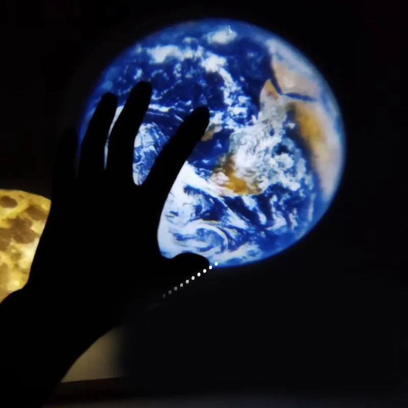 Adjustable Earth and Moon projection lamp with USB cable on a rotating bracket.